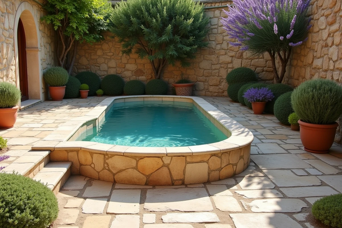 Petite piscine semi-enterrée intégrée dans une terrasse en pierre d'une maison de style provençal entourée de lavande et de végétation