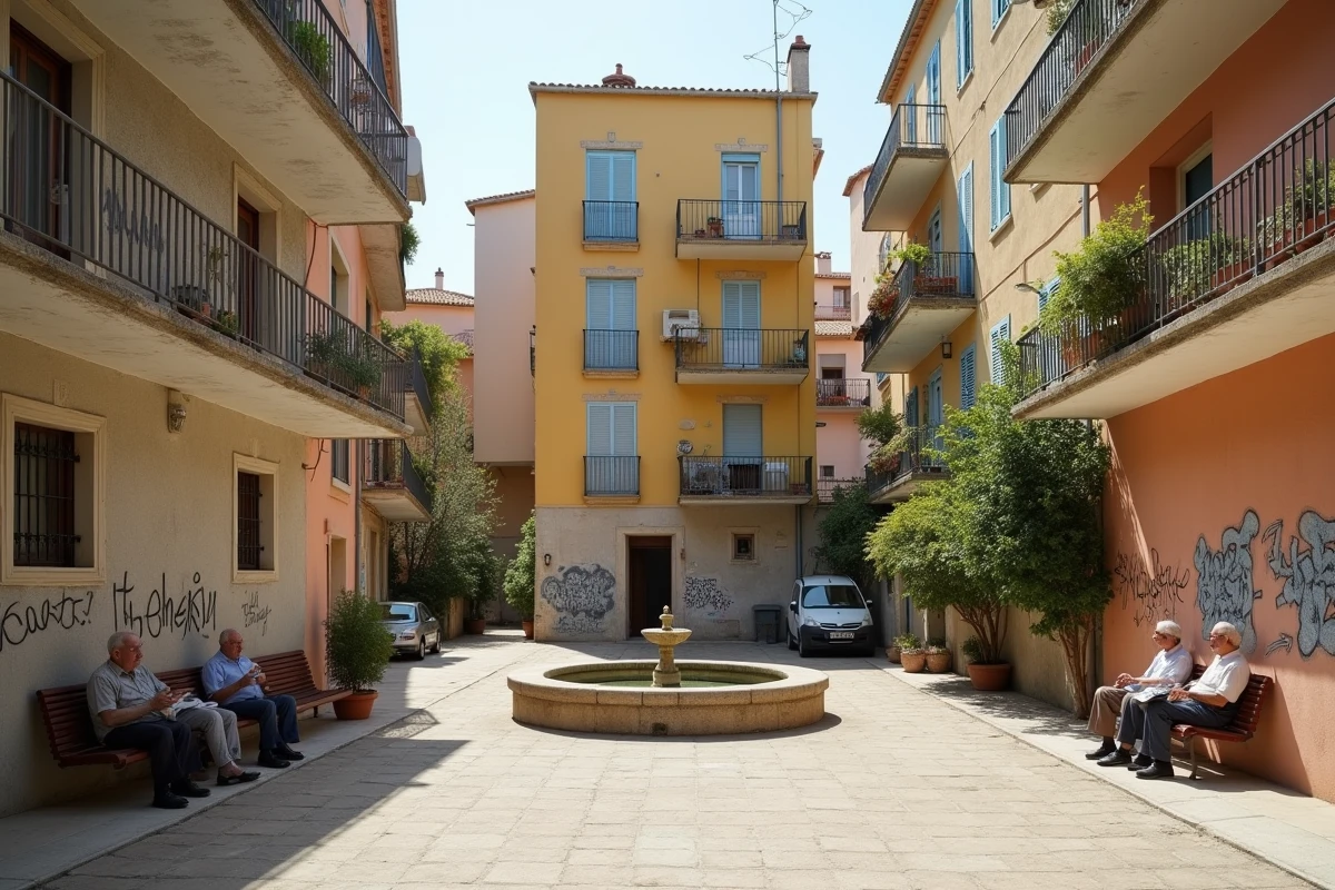 Place résidentielle du 3ème arrondissement de Marseille avec immeubles d'habitation et residents