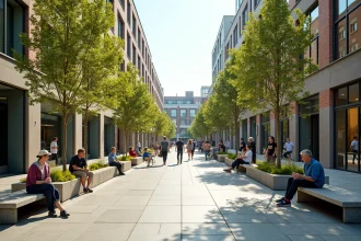 Place urbaine européenne animée illustrant les principes du bon design urbain avec piétons, végétation et architecture contemporaine
