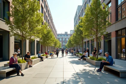 Place urbaine européenne animée illustrant les principes du bon design urbain avec piétons, végétation et architecture contemporaine
