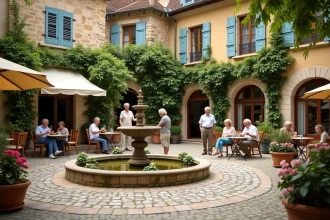 Place de village rénovée avec fontaine en pierre, terrasse de café animée et habitants locaux dans un village rural français attractif