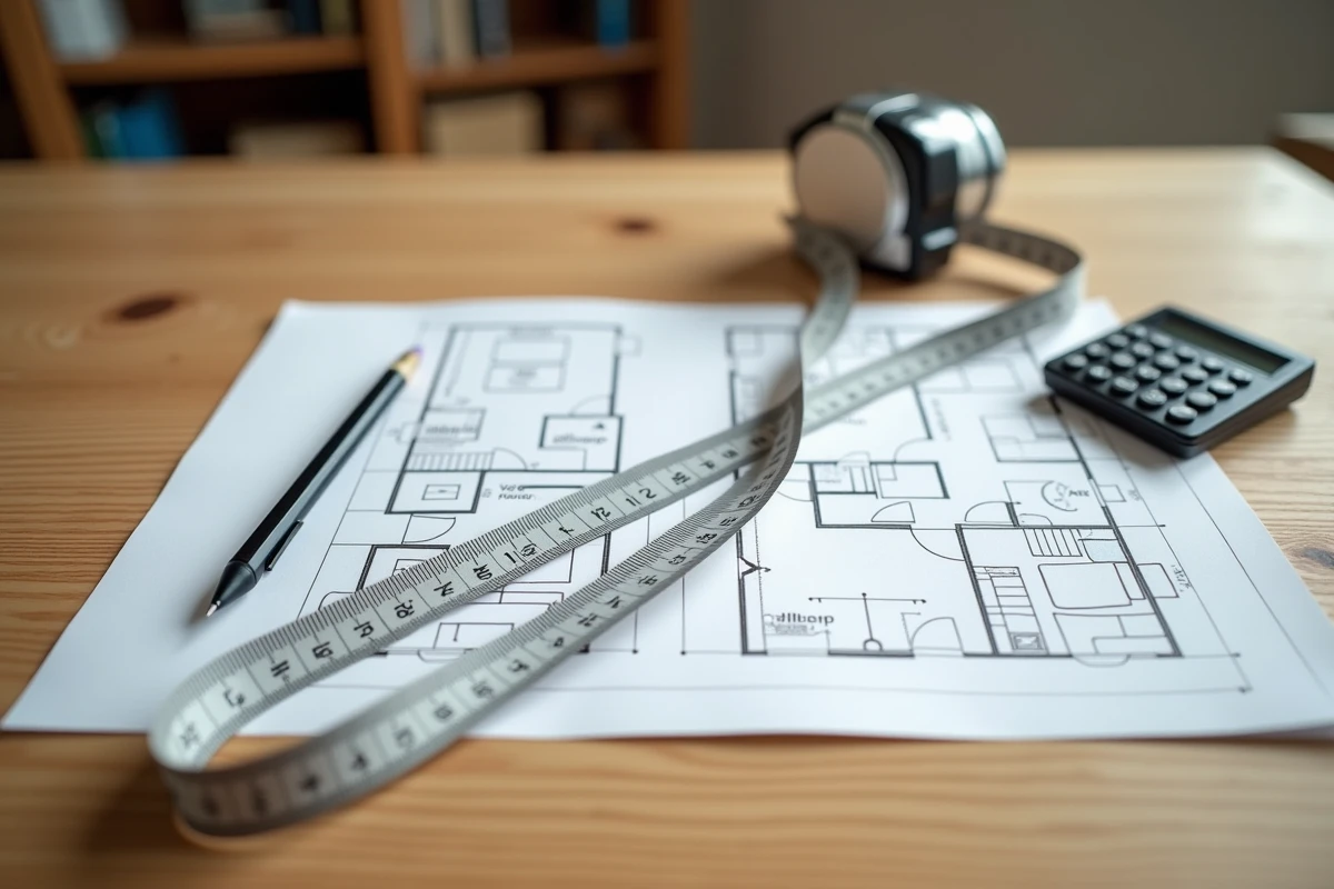 Plan de sol d'appartement avec mètre ruban et calculatrice sur un bureau en bois pour calcul de surface en m2