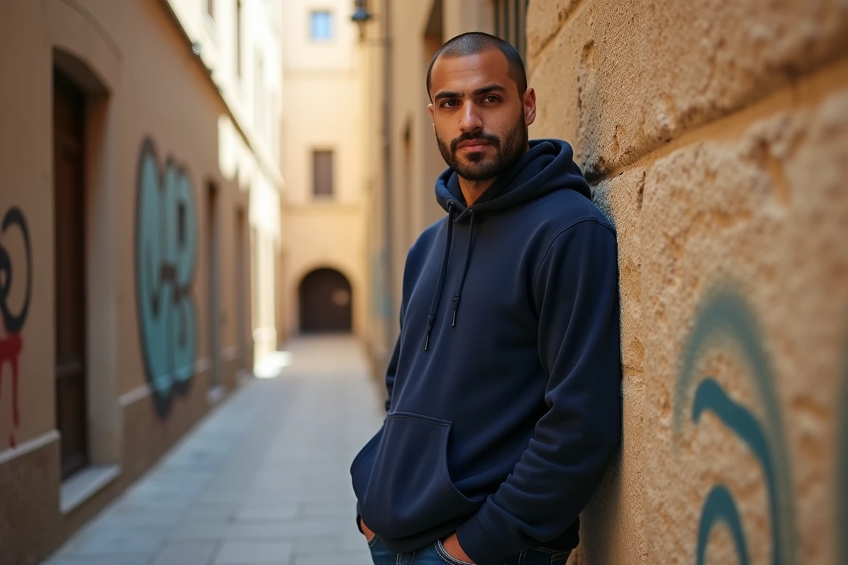 Portrait d'un habitant du 3ème arrondissement de Marseille dans une ruelle typique du quartier