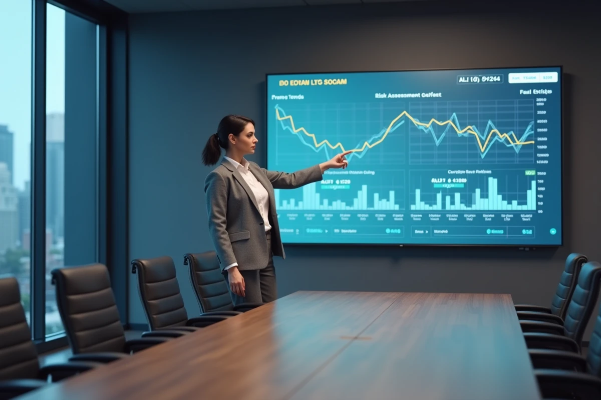 Femme cadre présentant des données de risques SCPI et des tendances du marché immobilier sur un écran interactif en salle de réunion