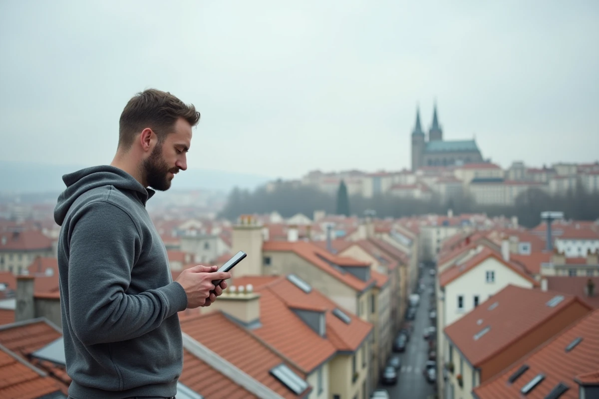 Homme consultant les prix immobiliers sur smartphone avec vue panoramique sur les toits de Lyon