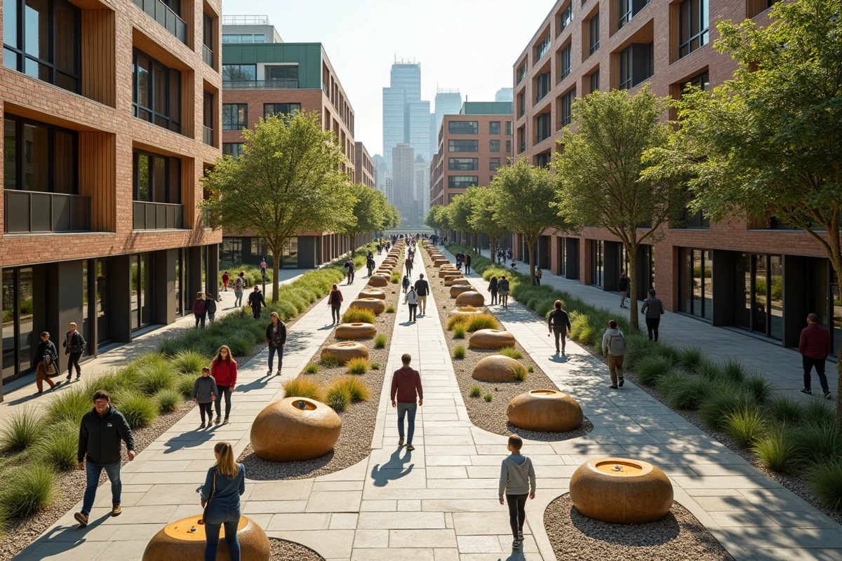 Vue en légère plongée d'une promenade piétonne d'écoquartier avec jardins pluviaux, jeux en bois naturel, toitures végétalisées et passants en tenue quotidienne