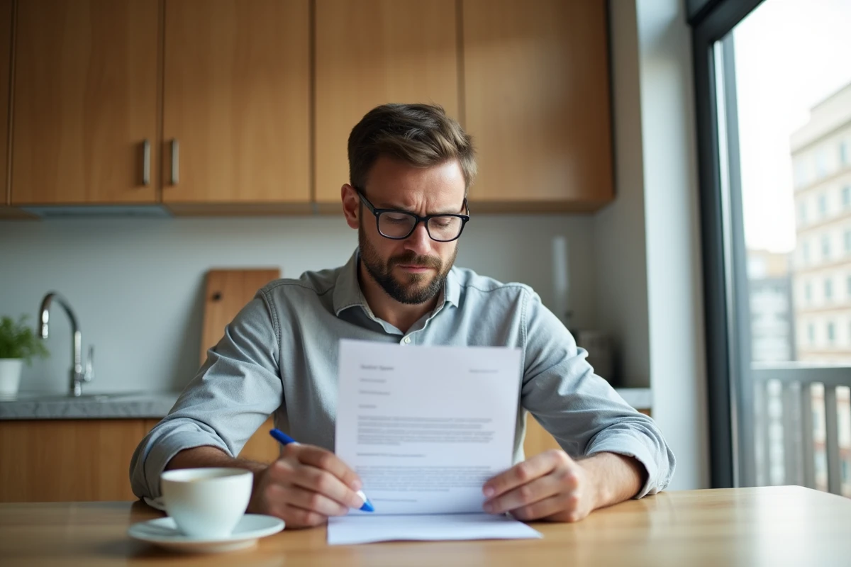 Propriétaire lisant attentivement une offre d'achat trop basse à son domicile avant de formuler une contre-offre