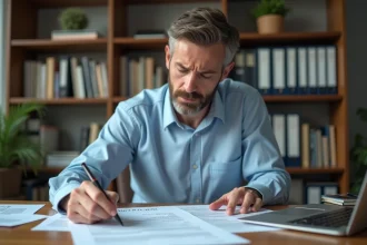 Propriétaire LMNP examinant des documents fiscaux liés à la taxe d'habitation à son bureau