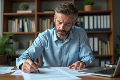 Propriétaire LMNP examinant des documents fiscaux liés à la taxe d'habitation à son bureau