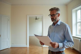 Propriétaire non-occupant consultant des documents dans un appartement vide avant mise en location