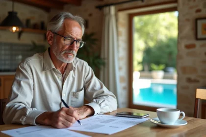 Propriétaire étudiant sa taxe foncière à la maison avec une piscine visible en arrière-plan