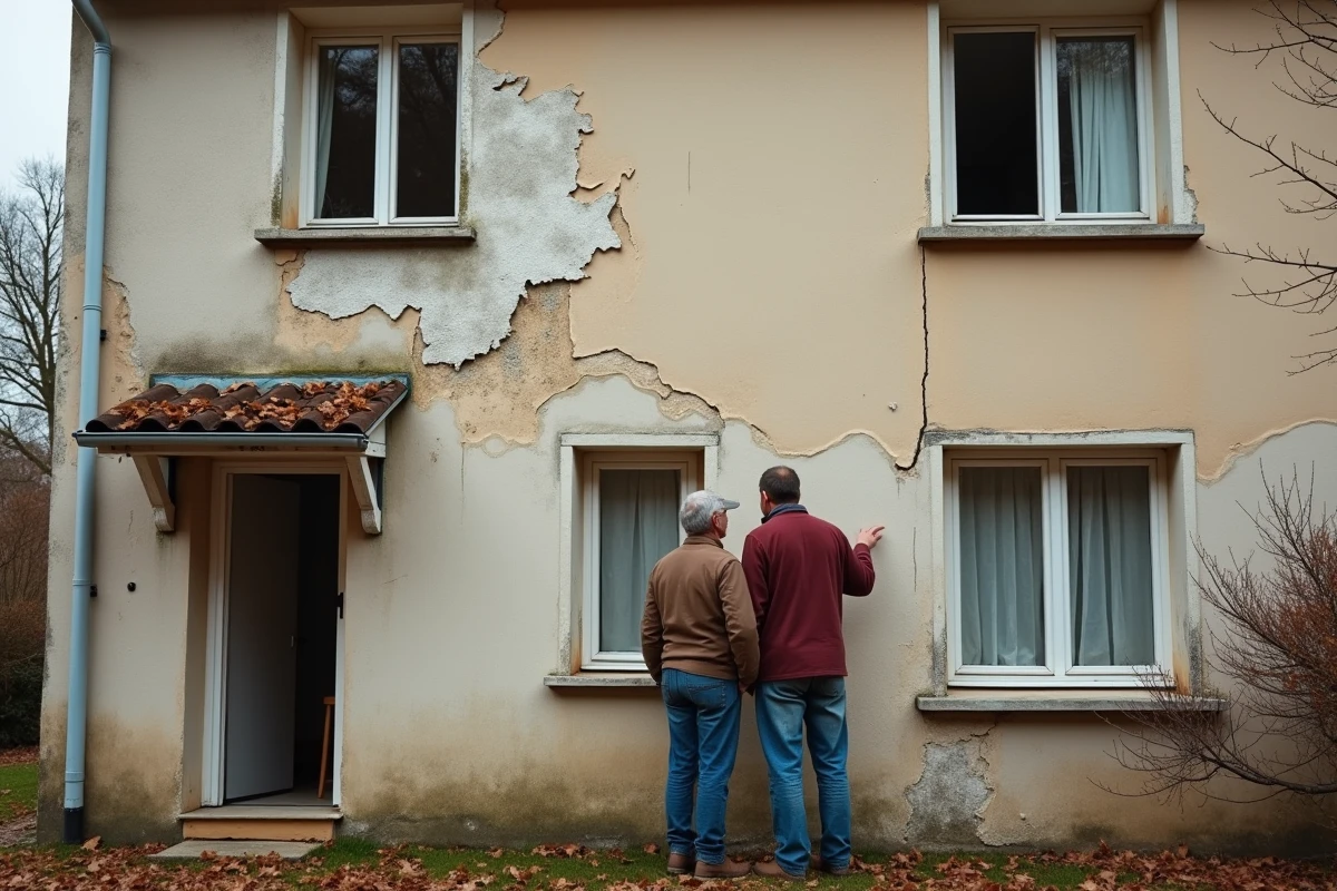 Couple de propriétaires inspectant les fissures et le crépi dégradé de la façade de leur maison individuelle