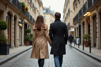 Couple élégant se promenant dans un quartier chic de Metz avec des façades en pierre de taille et des balcons en fer forgé
