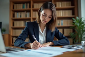 Professionnelle en blazer navy relisant un contrat de bail professionnel dans un bureau juridique moderne