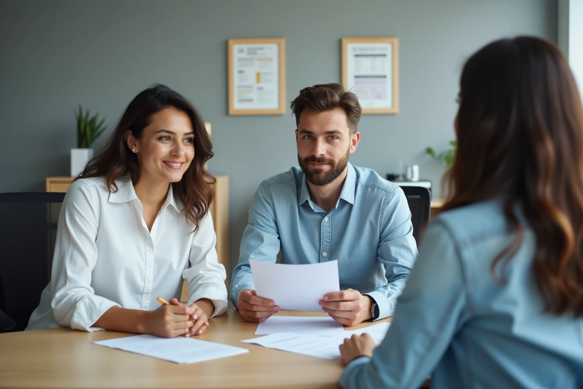 Couple remettant des documents officiels à un agent immobilier dans une agence de logement