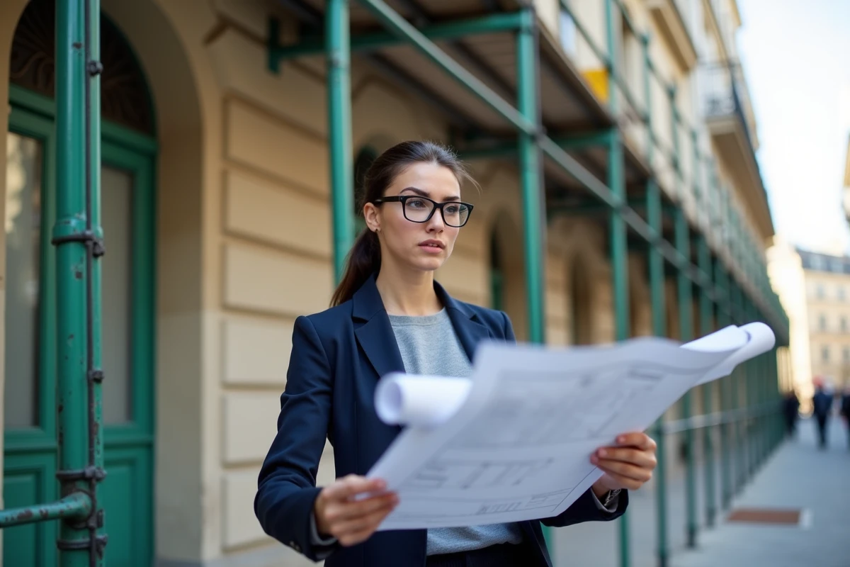 Architecte femme consultant des plans devant un bâtiment haussmannien en cours de rénovation avec échafaudages