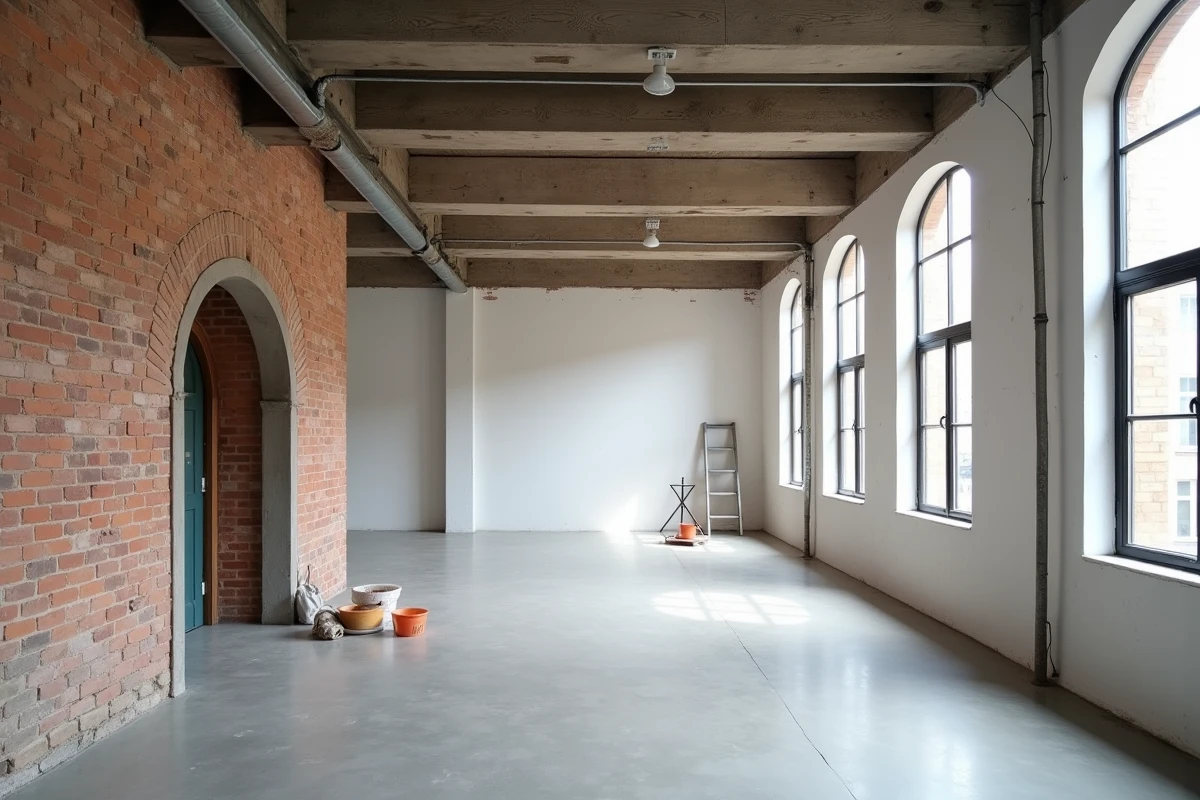 Intérieur d'un bâtiment industriel rénové avec murs en brique apparente contrastant avec de nouveaux éléments architecturaux modernes