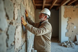 Ouvrier en combinaison de travail inspectant une mur en pierre mis à nu lors d'une rénovation intérieure d'un bâtiment ancien