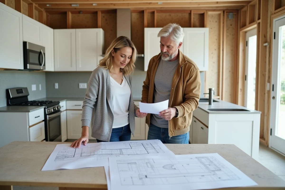 Couple planifiant la rénovation de leur cuisine moderne pour augmenter la valeur de leur maison