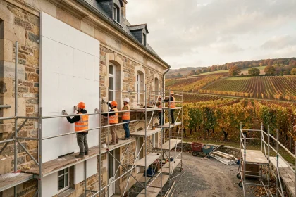 Équipe de rénovation énergétique travaillant sur une façade en Bourgogne-Franche-Comté