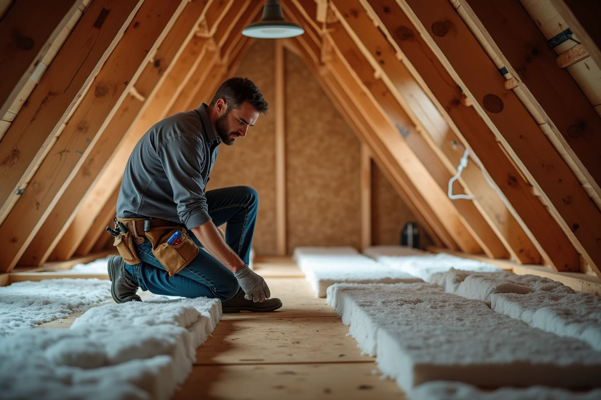 Entrepreneur en train d'isoler un grenier en cours d'aménagement, montrant les étapes de rénovation des combles d'une maison