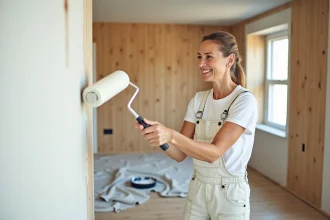 Femme rénovant les murs intérieurs de sa maison avec de la peinture blanche pour augmenter sa valeur immobilière