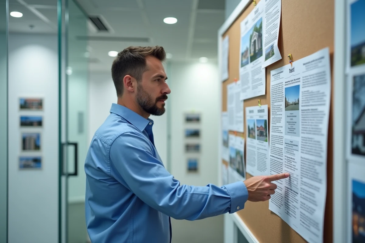 Homme évaluant des annonces immobilières affichées dans une agence de location