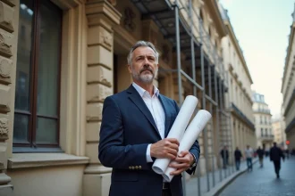 Architecte examinant la façade en pierre d'un immeuble haussmannien en cours de restauration dans le cadre de la loi Malraux