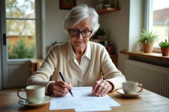 Femme retraitée examinant des documents fiscaux sur la taxe foncière à domicile