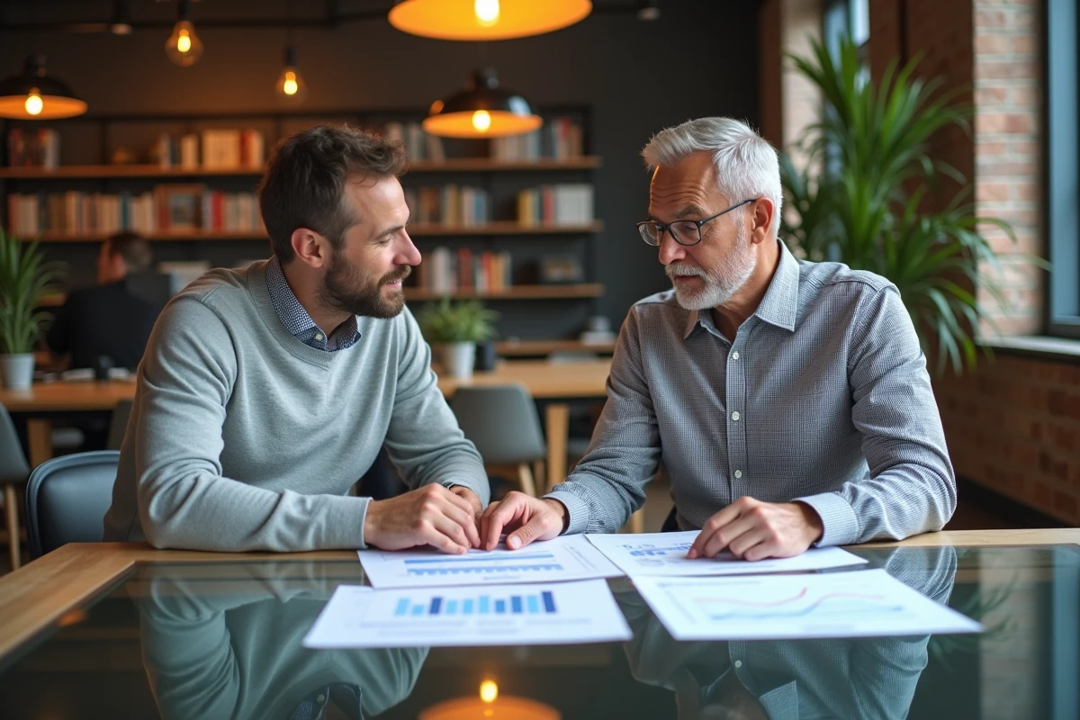 Deux hommes d'affaires comparant des plateformes de crowdfunding immobilier autour d'une table de réunion en espace de coworking