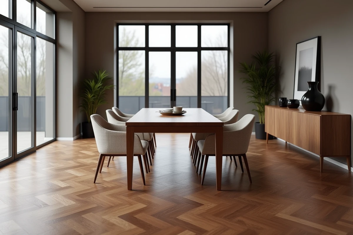 Salle à manger élégante avec parquet noyer numéro 1 sans défauts et grain homogène posé au sol
