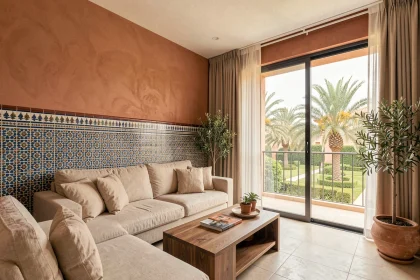 Salon moderne d'un appartement à vendre à Marrakech en résidence sécurisée avec décoration marocaine contemporaine et vue sur jardin
