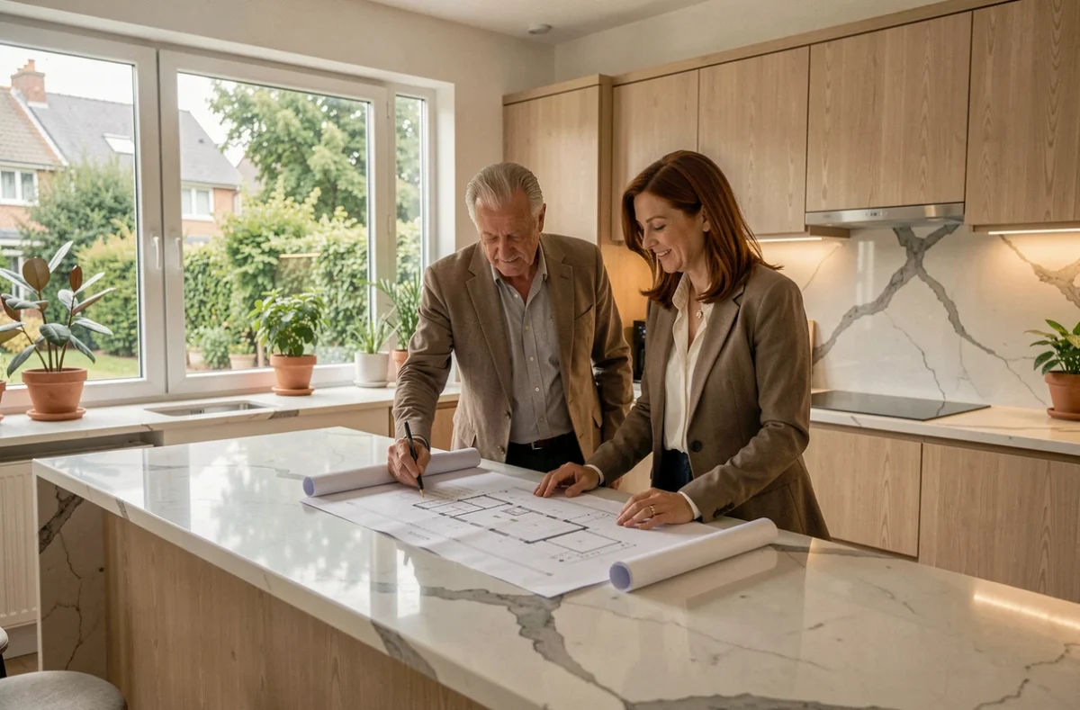 Architecte de SCP Lusso et Laurent présentant des plans à des clients dans une maison résidentielle aux Lilas