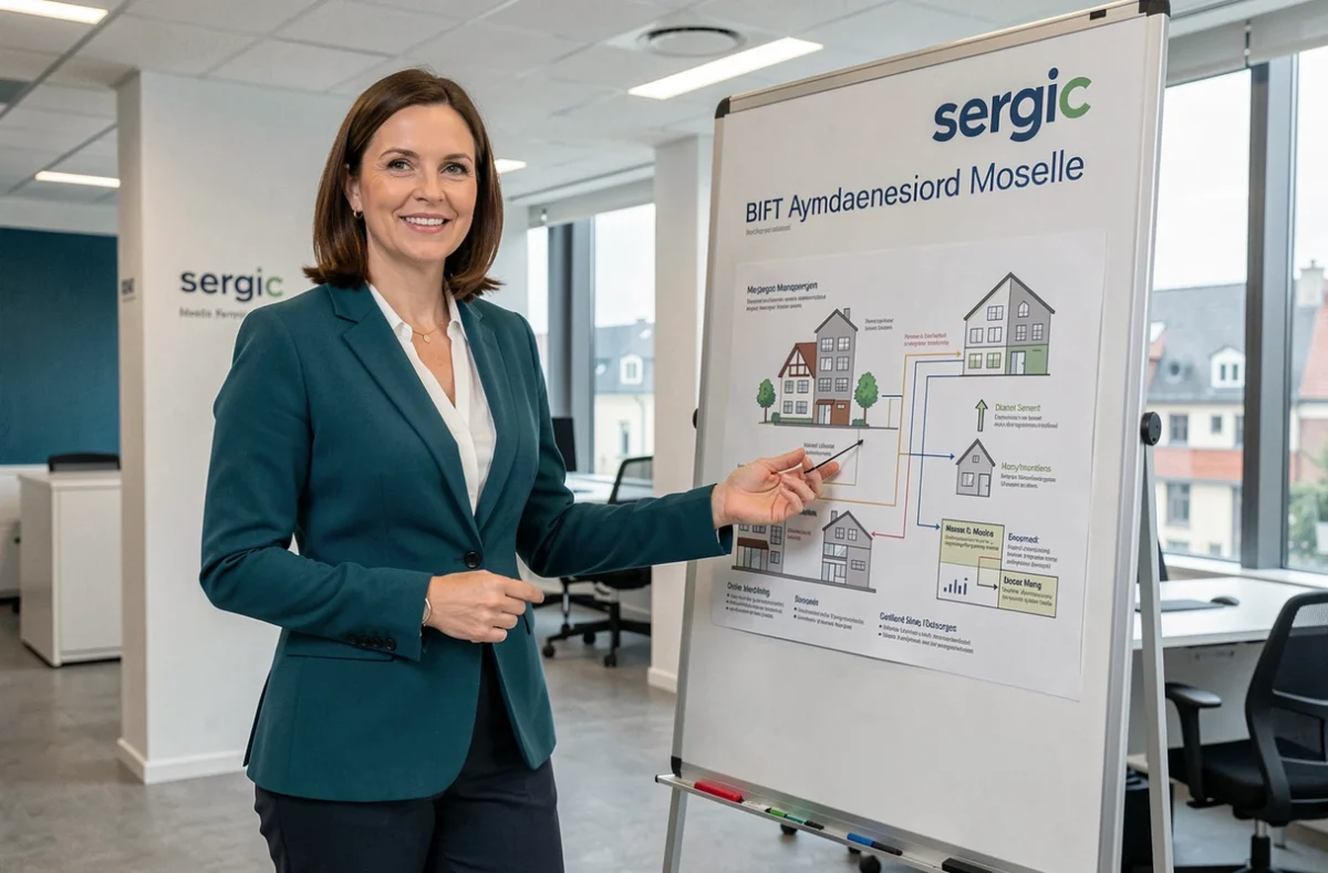 Directrice de Sergic Moselle présentant un schéma de gestion de copropriété dans les bureaux modernes de l'agence