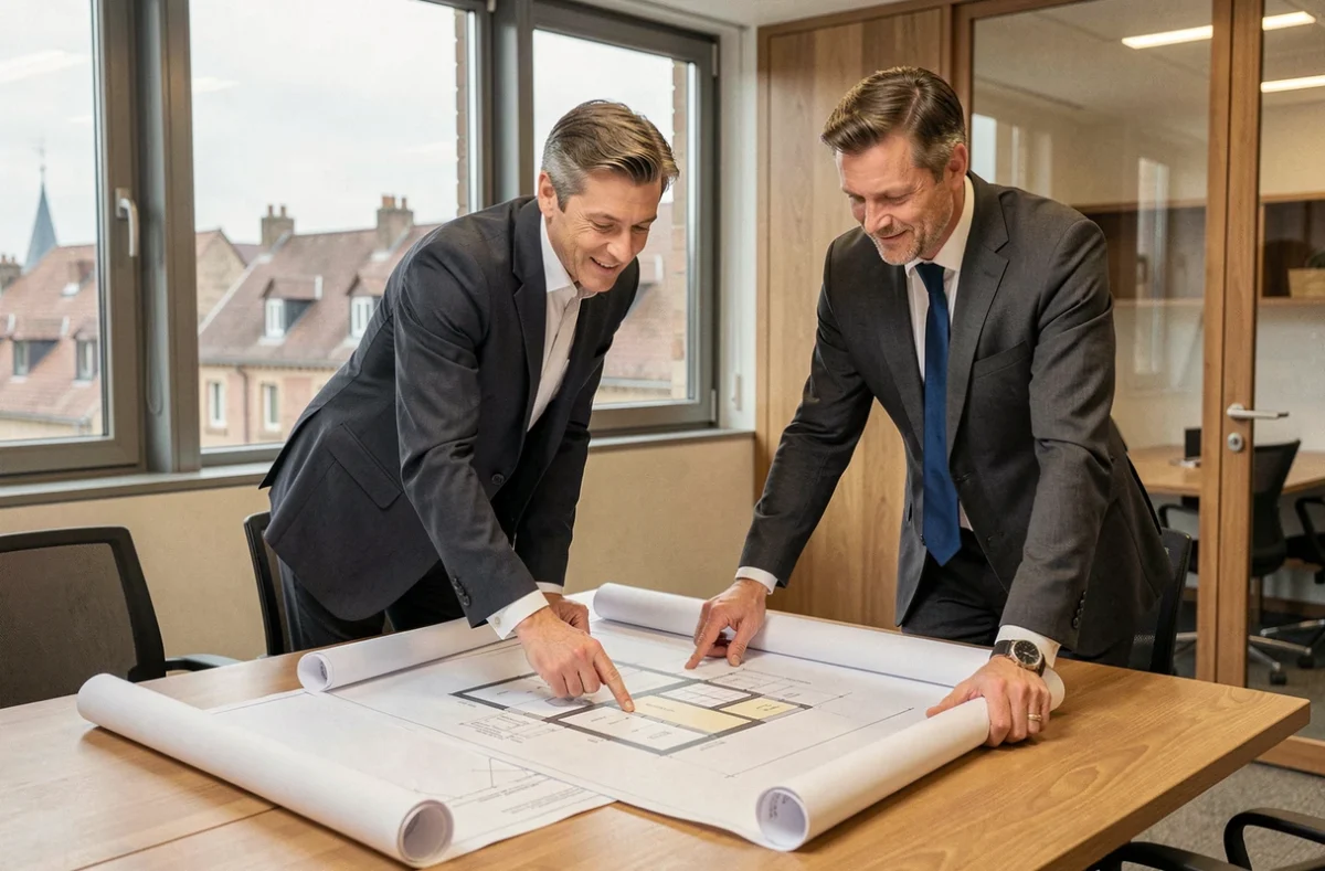 Conseiller Servimo Bourgogne examinant des plans de rénovation de patrimoine immobilier