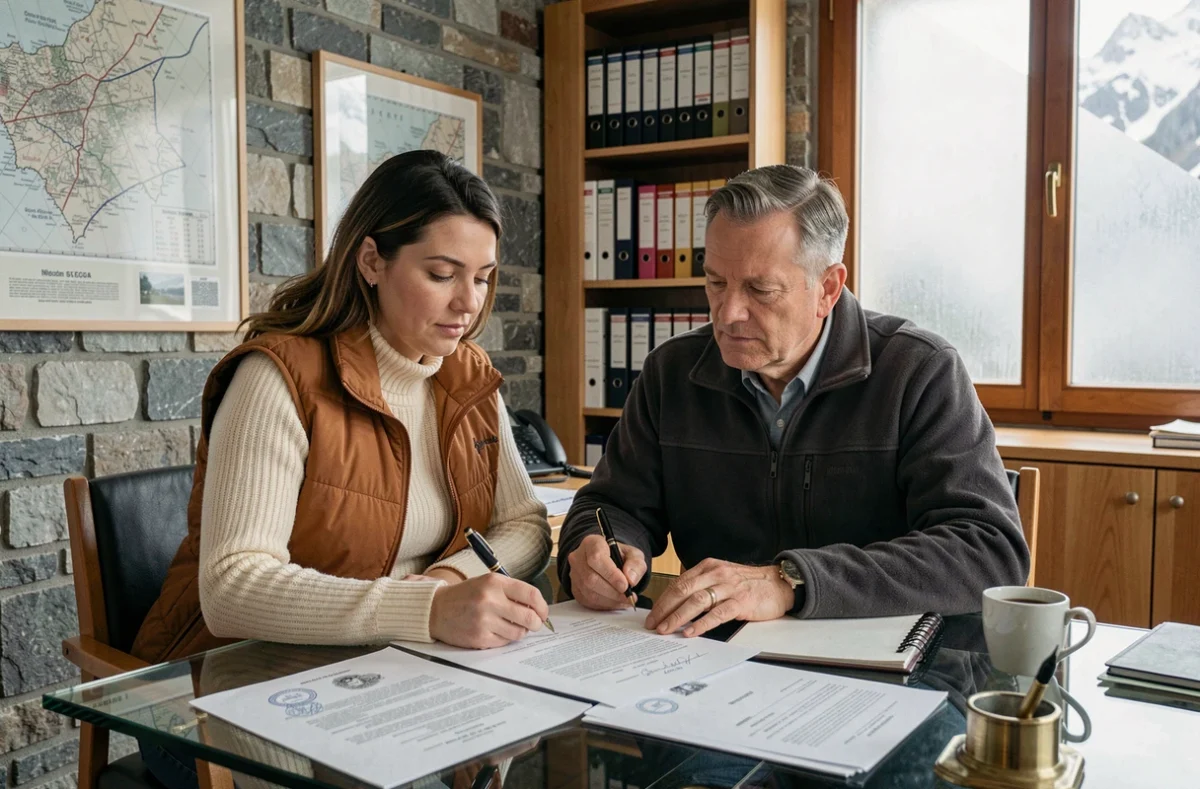 Couple signant un acte de vente immobilier chez un notaire dans une station de ski des Menuires