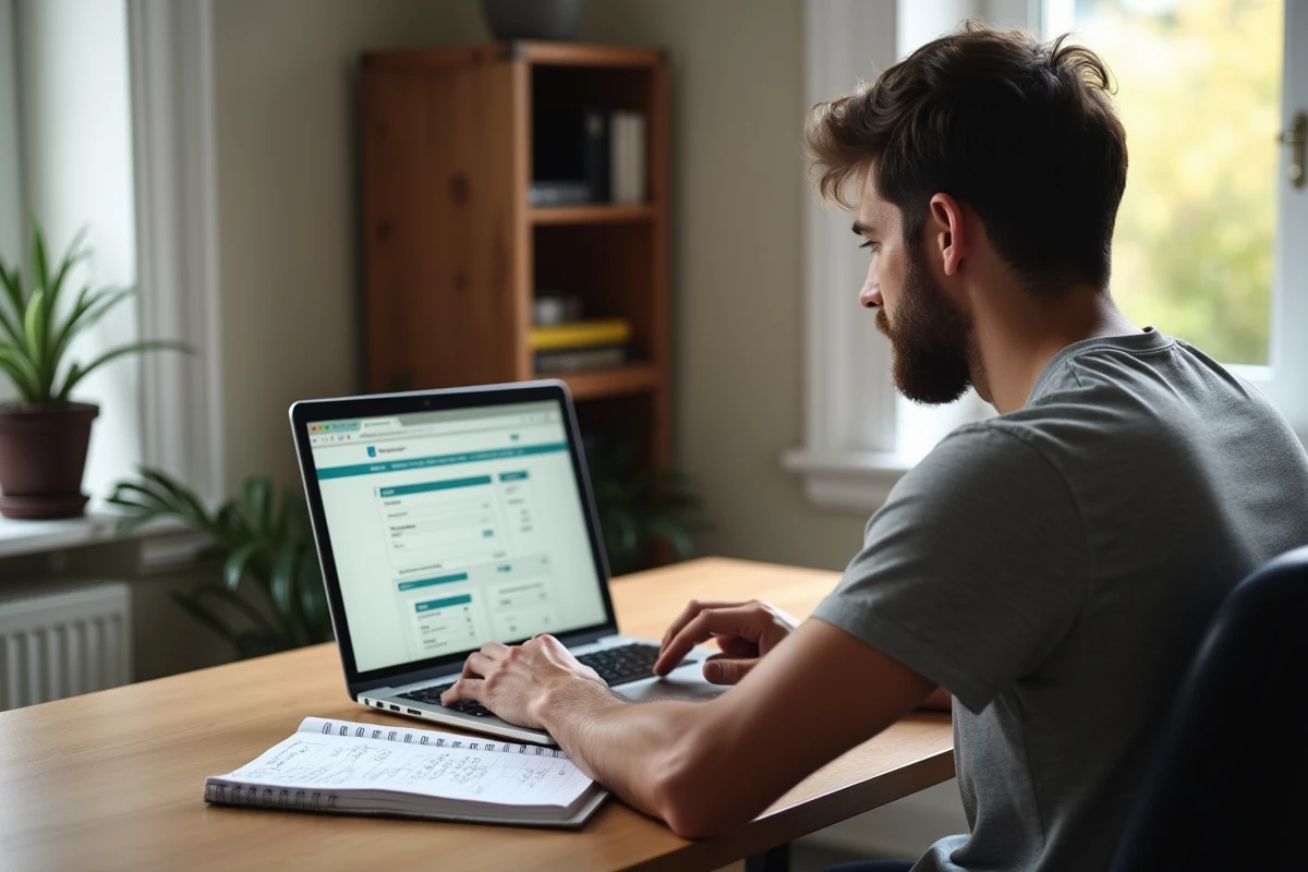 Homme calculant seul les mensualités d'un emprunt de 80 000 euros sur 25 ans sur un simulateur de crédit en ligne