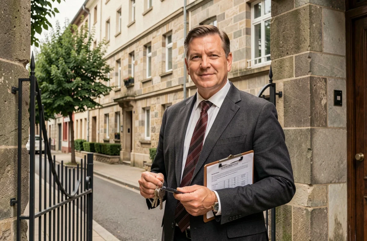 Gestionnaire de Syndic Angleterre à l'entrée d'un immeuble résidentiel de la rue d'Angleterre à Metz