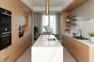 Cuisine moderne ouverte dans un appartement parisien avec îlot central de 3 mètres et armoires en chêne