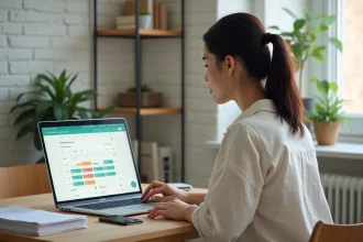 Femme analysant le taux d'occupation d'un logement Airbnb sur un tableau de bord numérique