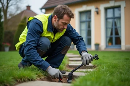 Technicien réalisant un diagnostic d'assainissement dans un jardin résidentiel avec une sonde d'inspection
