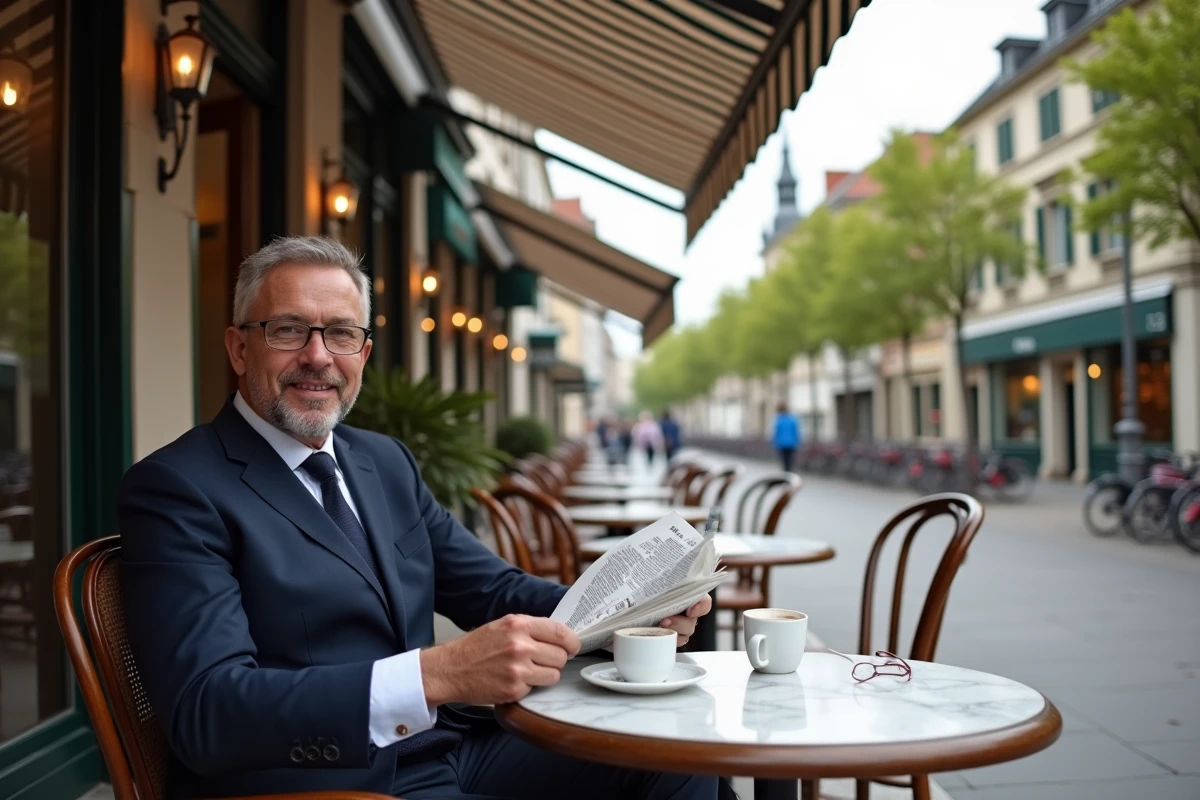 Homme élégant attablé en terrasse de café dans un quartier chic de Metz avec architecture baroque en arrière-plan
