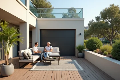 Terrasse aménagée sur le toit d'un garage avec couple installé sur mobilier de jardin moderne et balustrade en verre