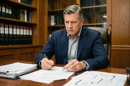 Un homme d'affaires examine un contrat immobilier avec inquiétude dans un bureau notarial, illustrant une situation de tromperie lors d'une vente immobilière