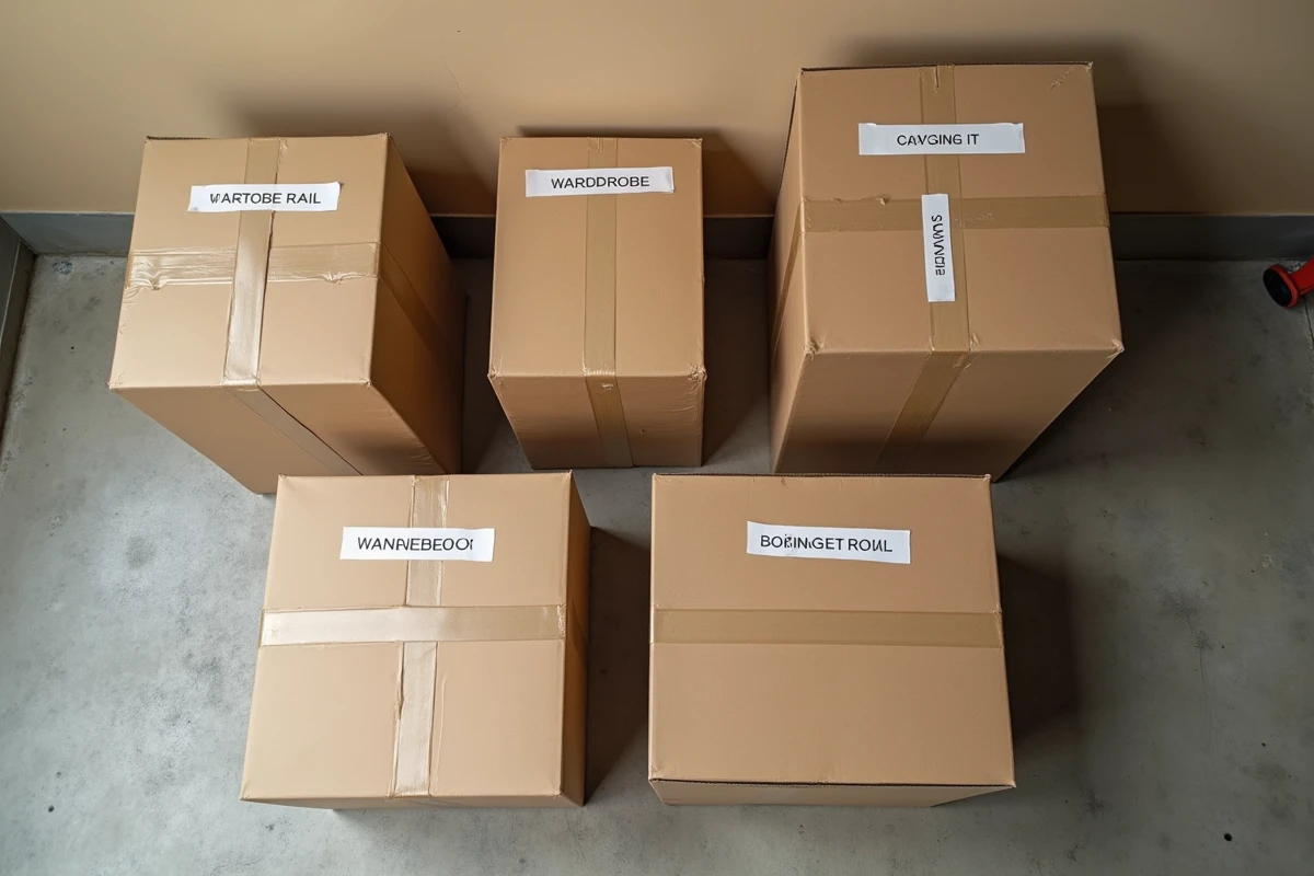 Différents types de cartons de déménagement vus du dessus, classés par taille et résistance sur un sol en béton