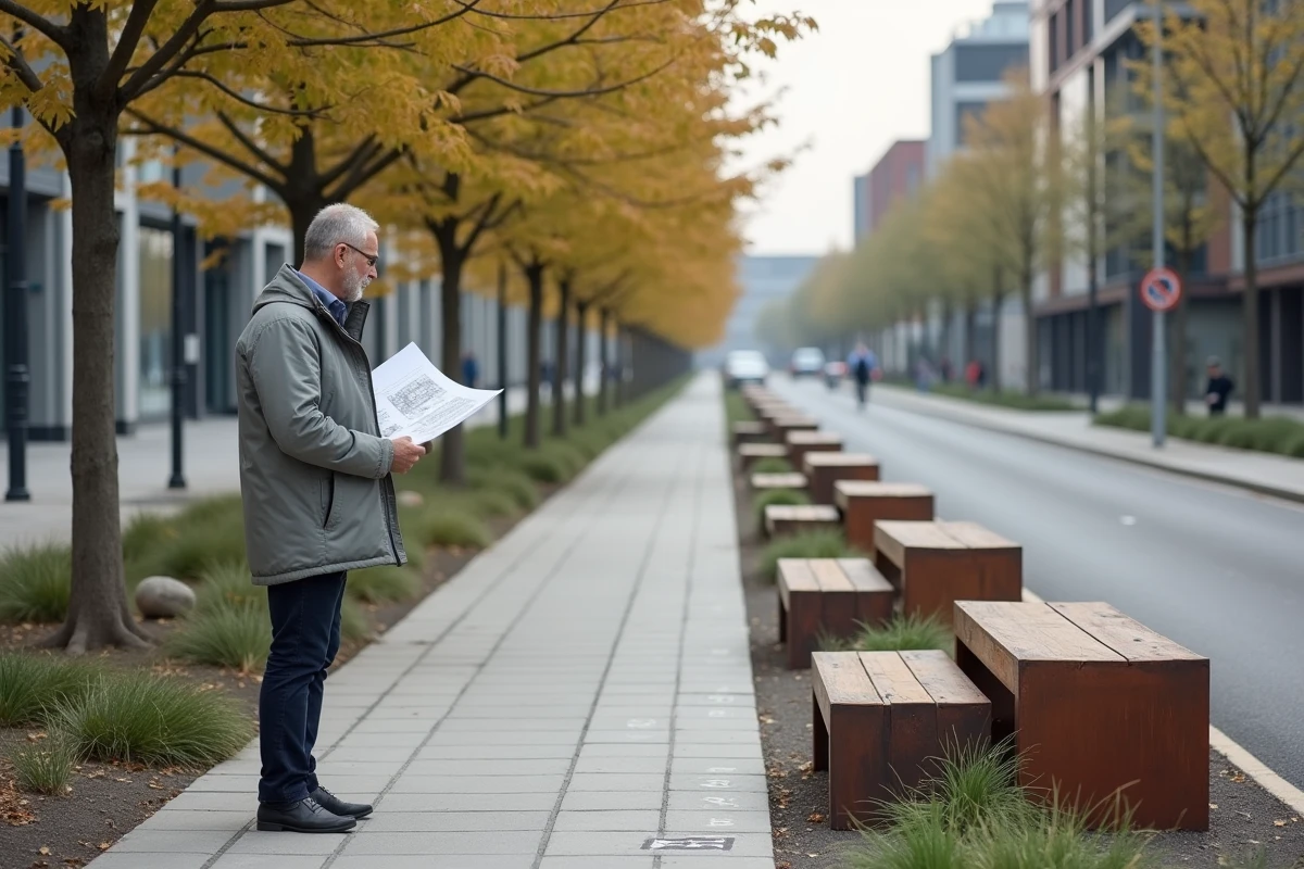 Urbaniste examinant des plans dans une rue piétonne scandinave bien conçue intégrant mobilier urbain durable et piste cyclable
