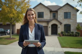 Femme agent immobilière tenant une tablette affichant des graphiques de valorisation immobilière devant une maison résidentielle moderne