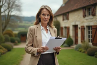 Femme consultant des documents devant une résidence secondaire en pierre en campagne française