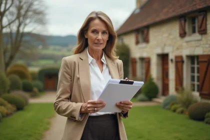 Femme consultant des documents devant une résidence secondaire en pierre en campagne française