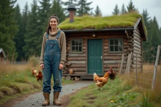 Femme vivant à l'année dans une tiny house sur terrain non constructible avec potager et poules